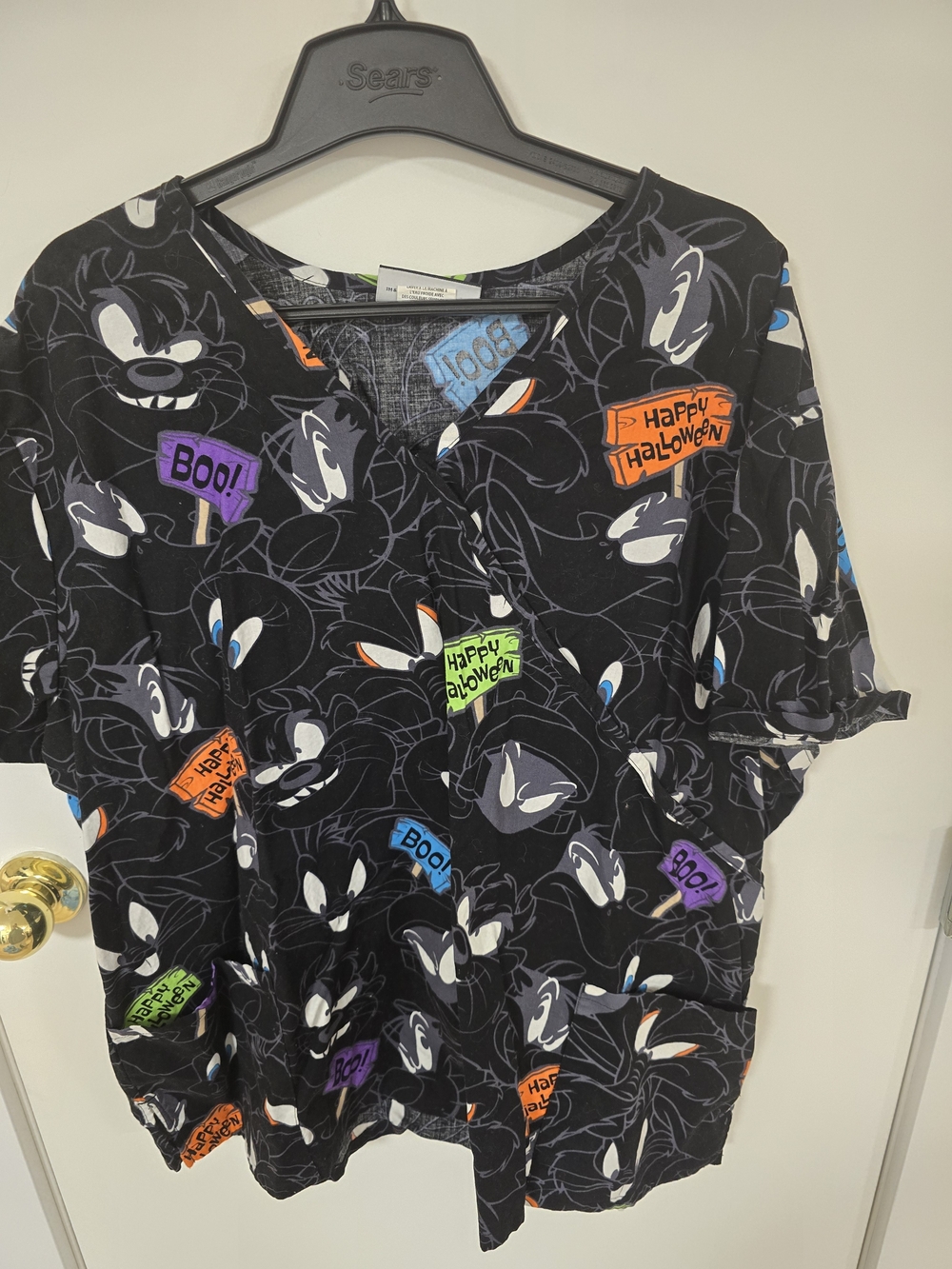 Warner Bros. Black Halloween Scrub Tee with Colorful Cartoon Signs
